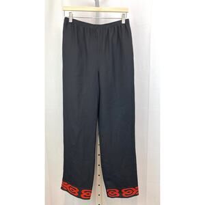 HARARI Size M Embellished Hem Silk Pants Pull On High Rise Pockets Black Red USA
